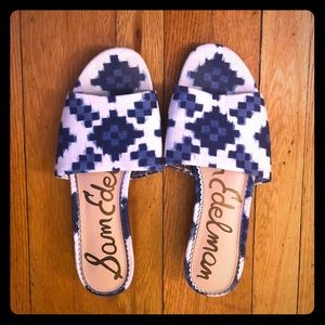 Sam Edelman blue and white wedge slip on sandal